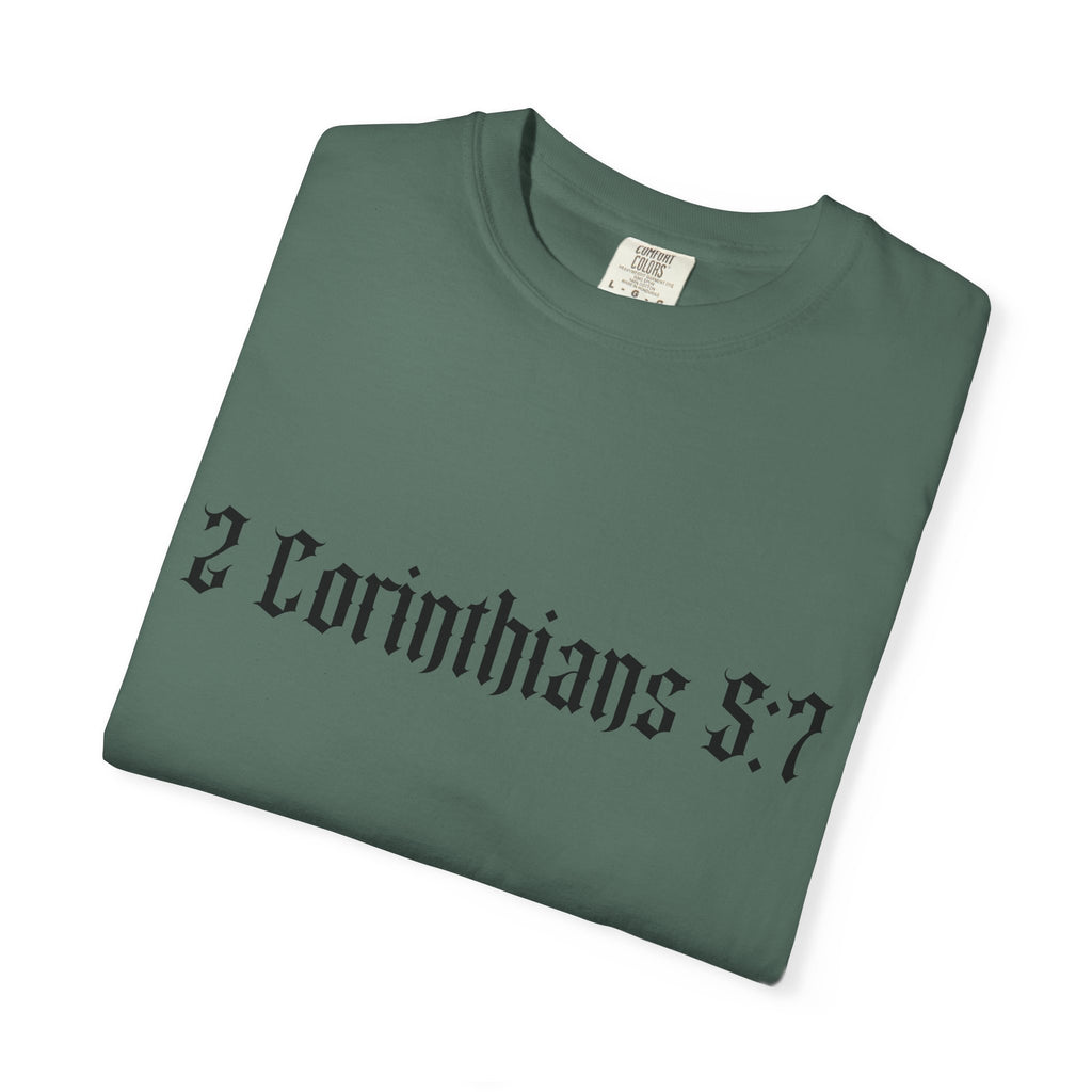 2 Corinthians 5:7 T‑Shirt — Faith Typography Tee with Walking Figure Back