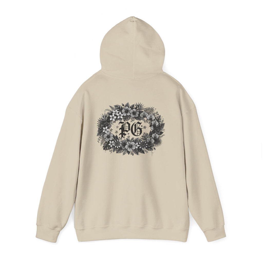 Floral Monogram Hoodie — 'PG' Gothic Letter Garden Back Print