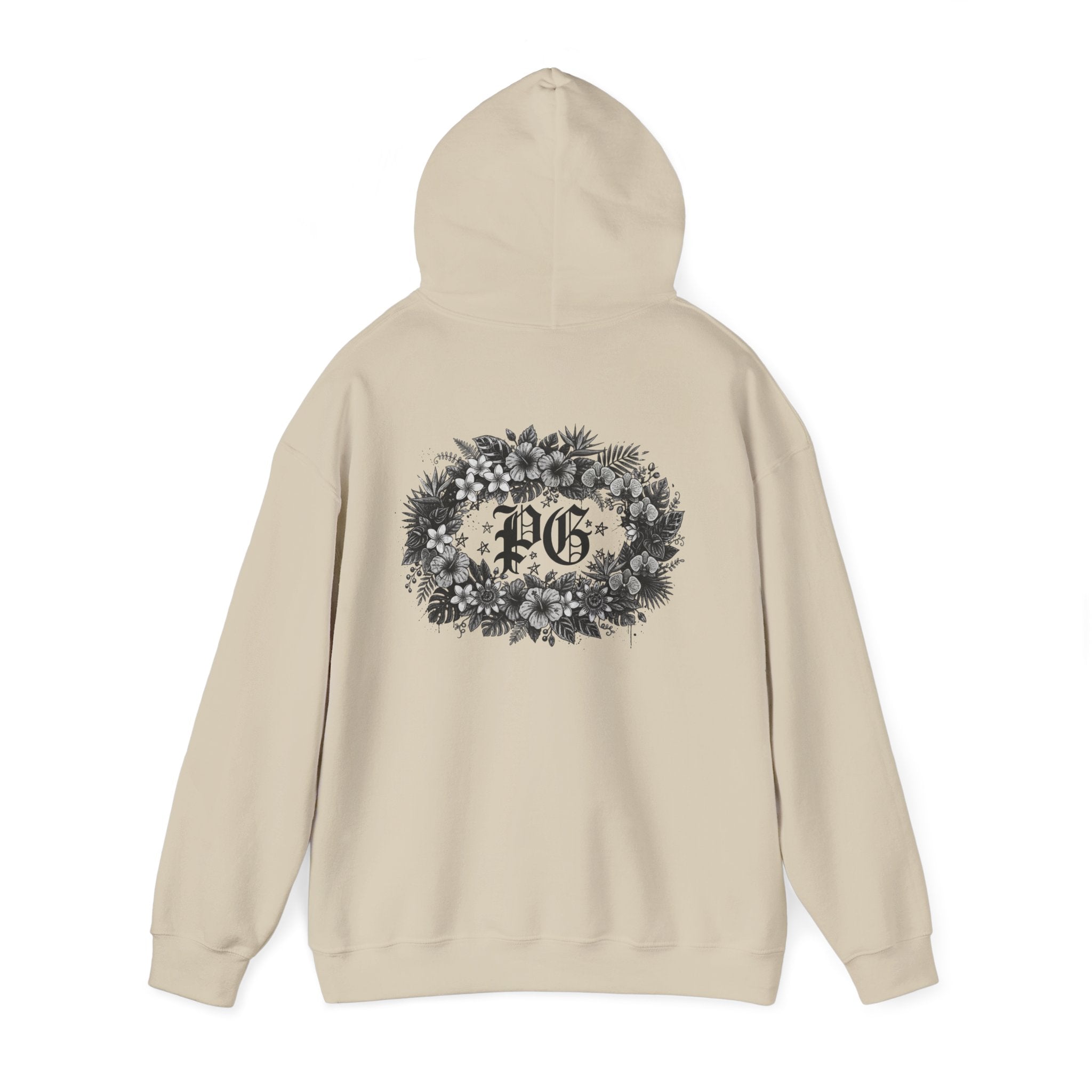 Floral Monogram Hoodie — 'PG' Gothic Letter Garden Back Print
