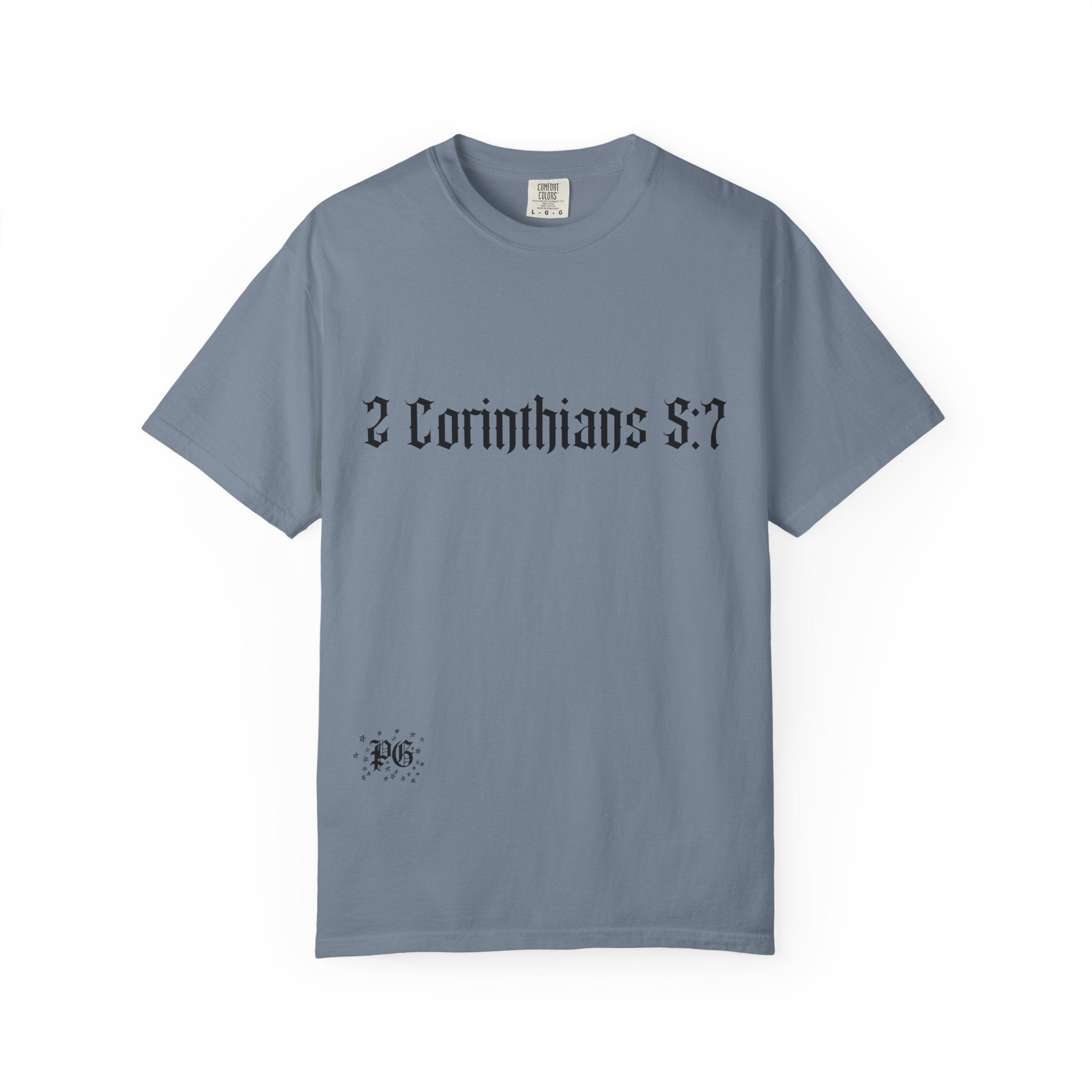2 Corinthians 5:7 T‑Shirt — Faith Typography Tee with Walking Figure Back