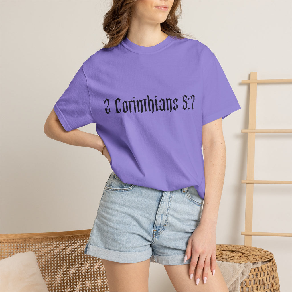 2 Corinthians 5:7 T‑Shirt — Faith Typography Tee with Walking Figure Back
