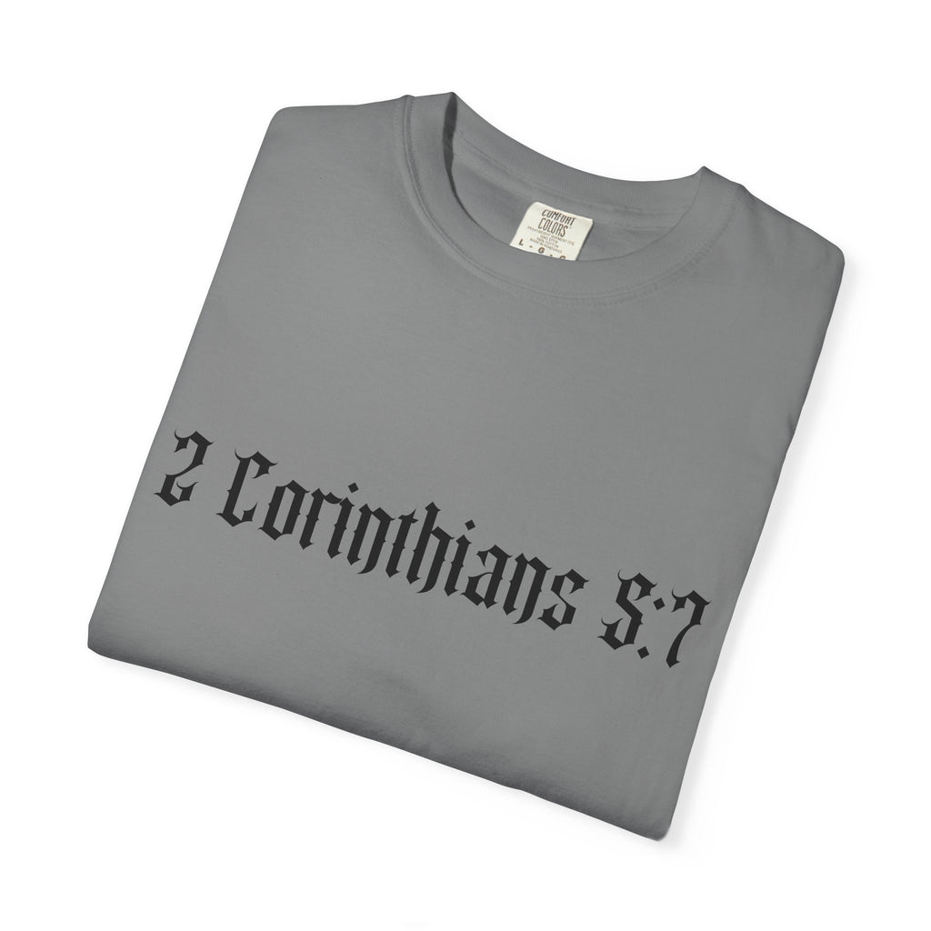 2 Corinthians 5:7 T‑Shirt — Faith Typography Tee with Walking Figure Back