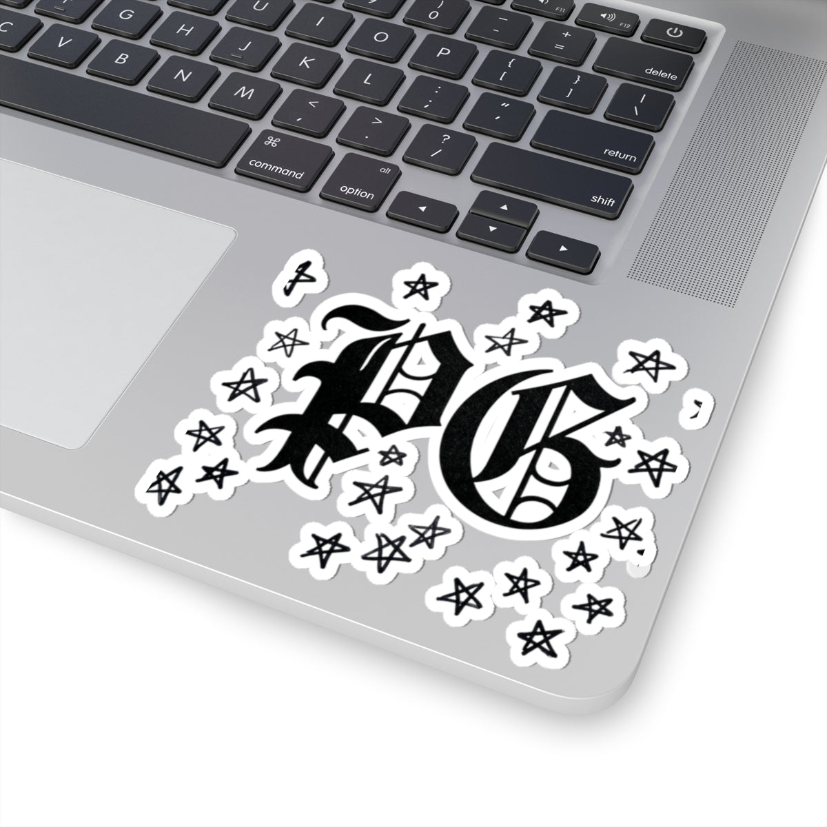 PG Gothic Monogram Sticker — Kiss-Cut Star Scatter Laptop Decal