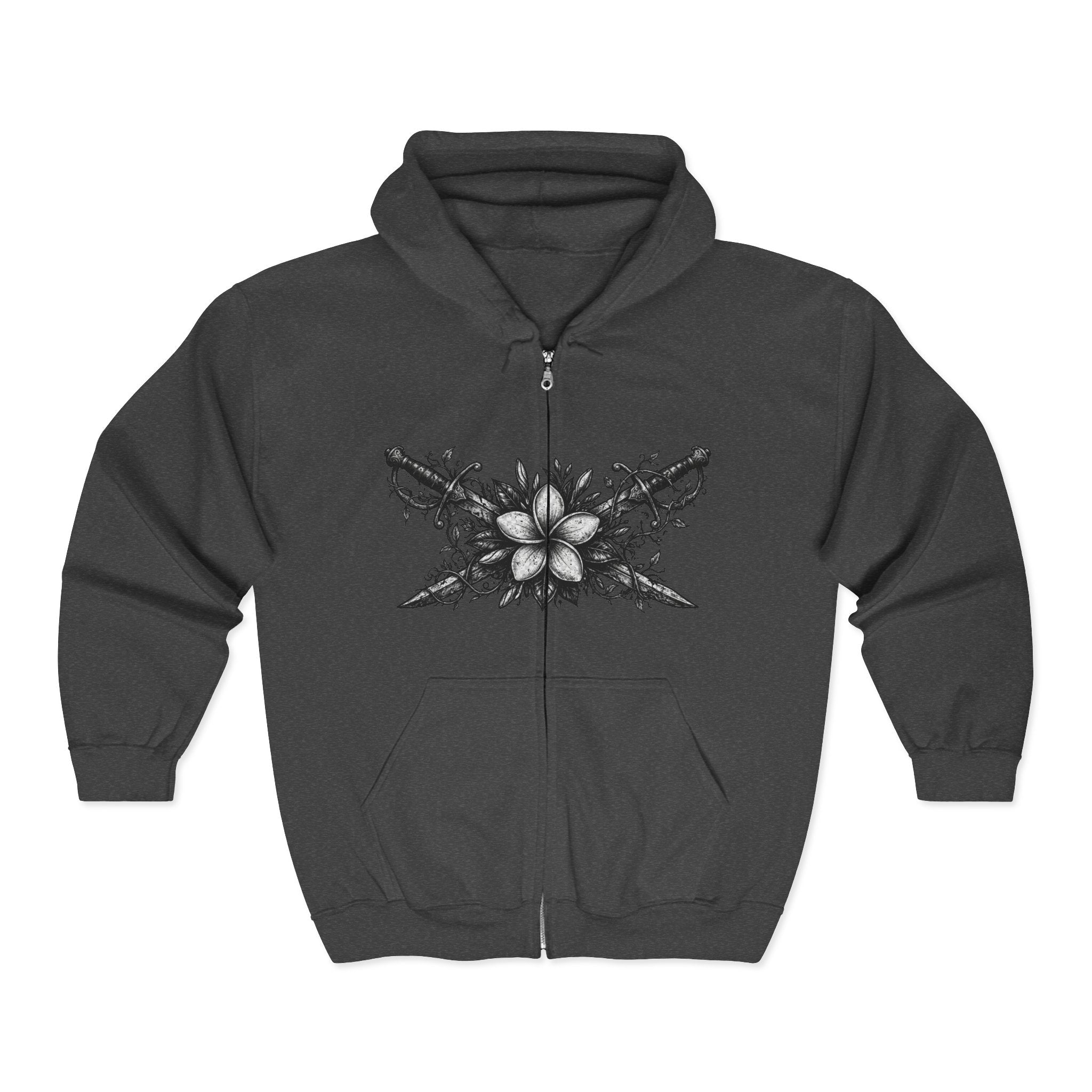 Floral Gothic Zip Hoodie — Monochrome Plumeria & Star Back Print