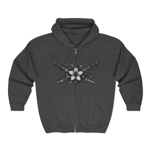 Floral Gothic Zip Hoodie — Monochrome Plumeria & Star Back Print
