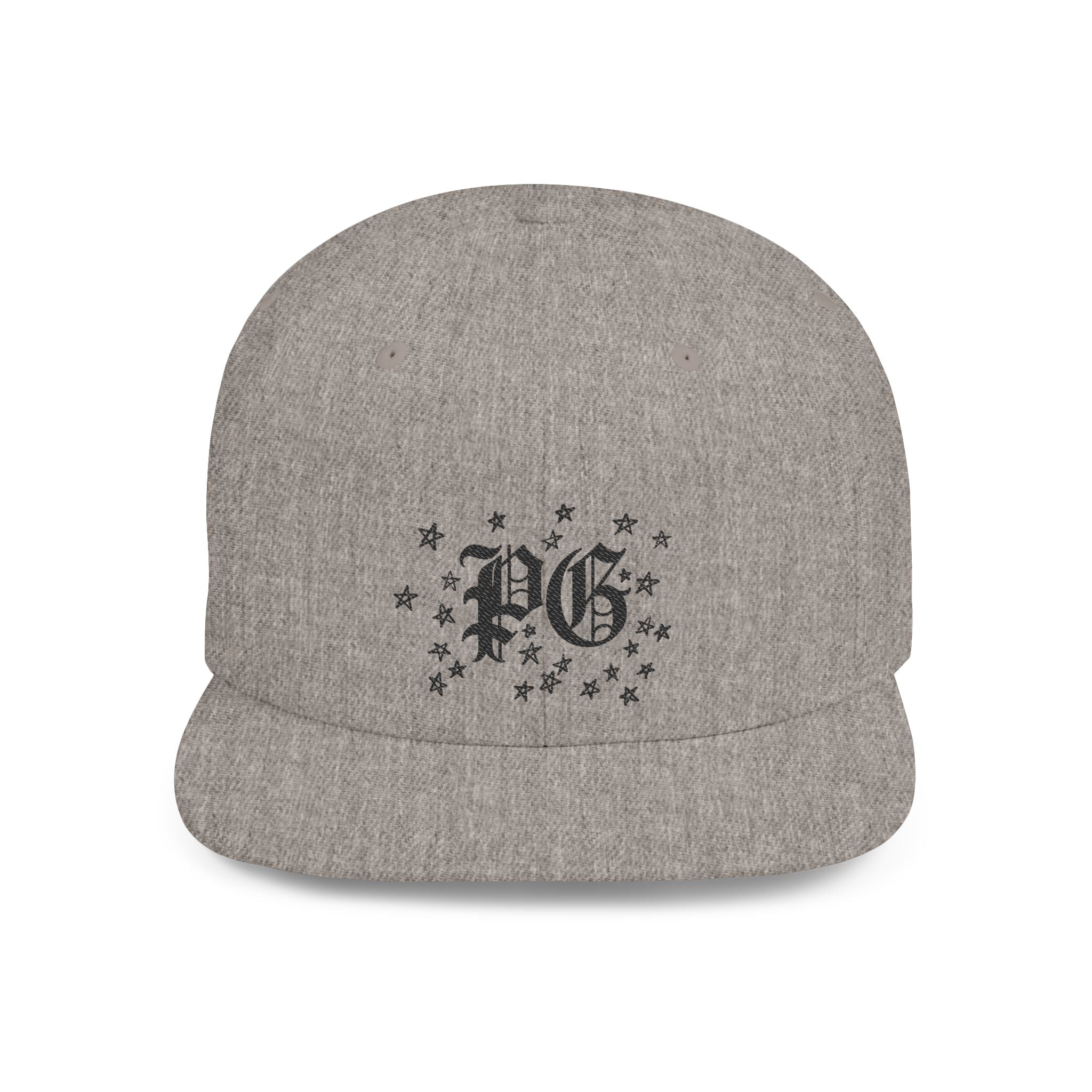 Flat Bill Snapback Hat — Gothic "PG" Monogram with Star Cluster