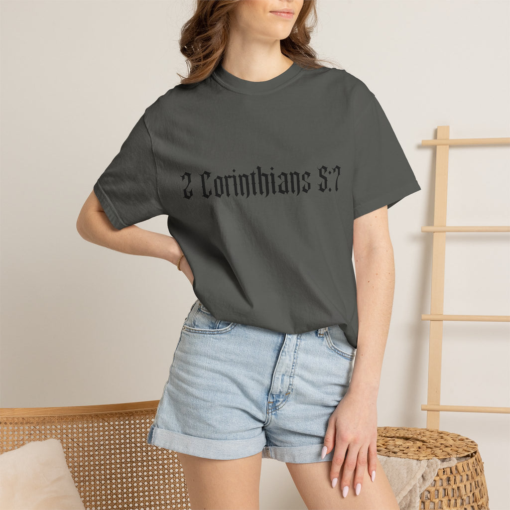 2 Corinthians 5:7 T‑Shirt — Faith Typography Tee with Walking Figure Back