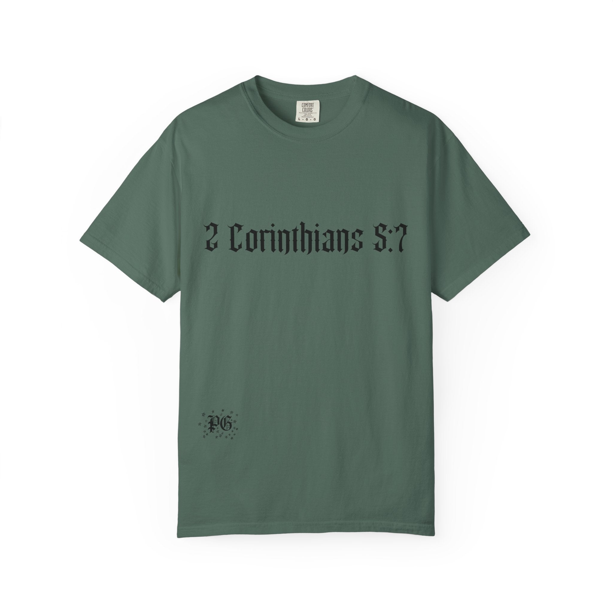 2 Corinthians 5:7 T‑Shirt — Faith Typography Tee with Walking Figure Back