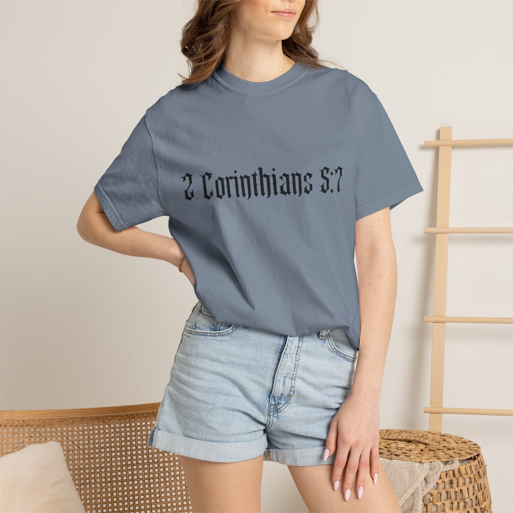 2 Corinthians 5:7 T‑Shirt — Faith Typography Tee with Walking Figure Back