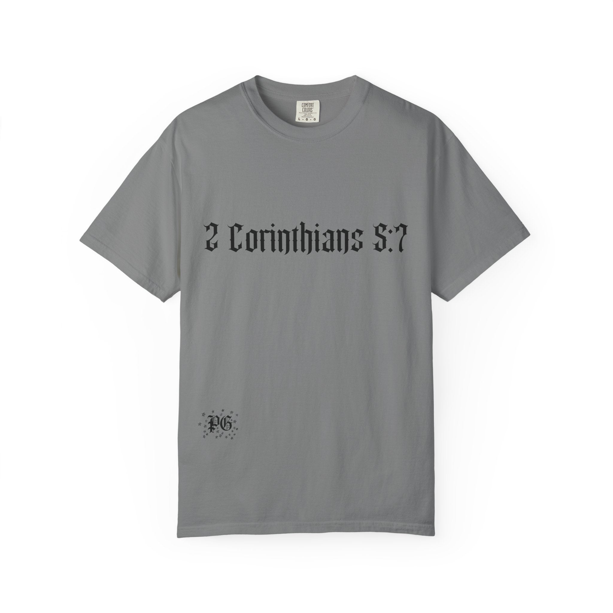 2 Corinthians 5:7 T‑Shirt — Faith Typography Tee with Walking Figure Back