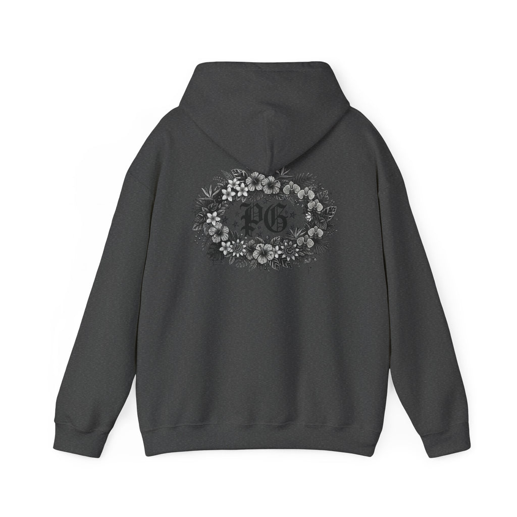 Floral Monogram Hoodie — 'PG' Gothic Letter Garden Back Print