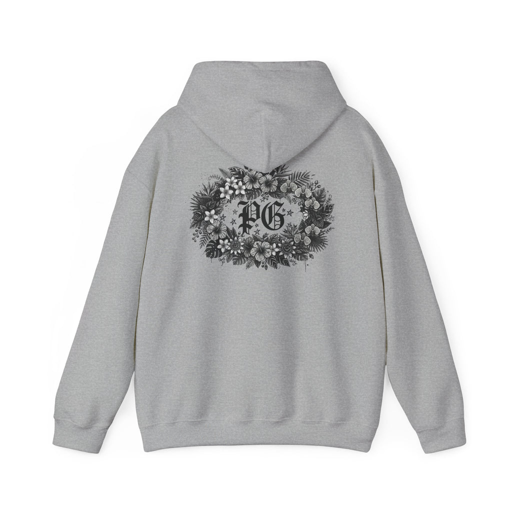 Floral Monogram Hoodie — 'PG' Gothic Letter Garden Back Print