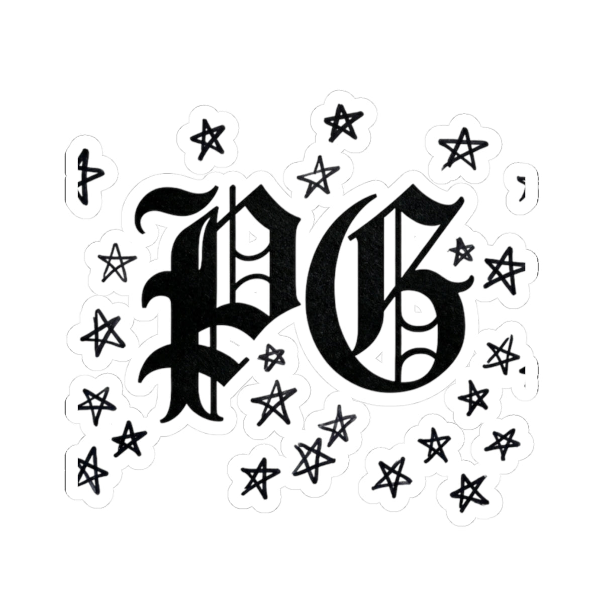 PG Gothic Monogram Sticker — Kiss-Cut Star Scatter Laptop Decal