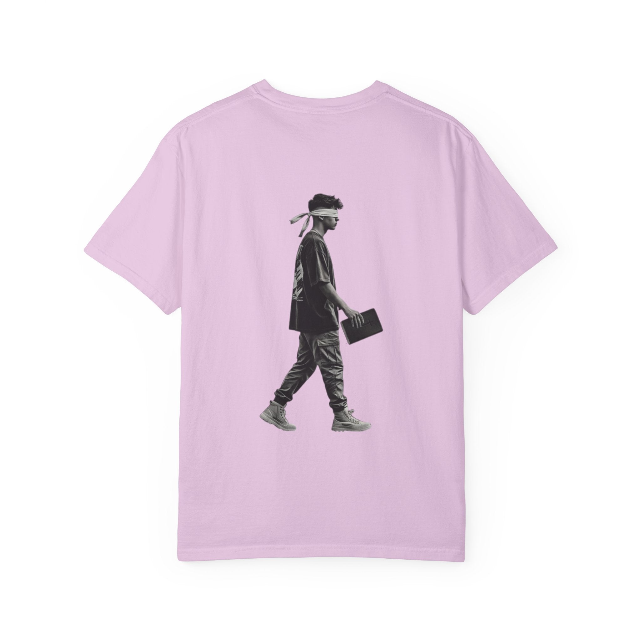 2 Corinthians 5:7 T‑Shirt — Faith Typography Tee with Walking Figure Back
