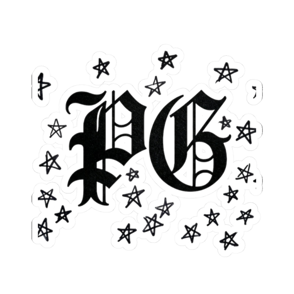 PG Gothic Monogram Sticker — Kiss-Cut Star Scatter Laptop Decal