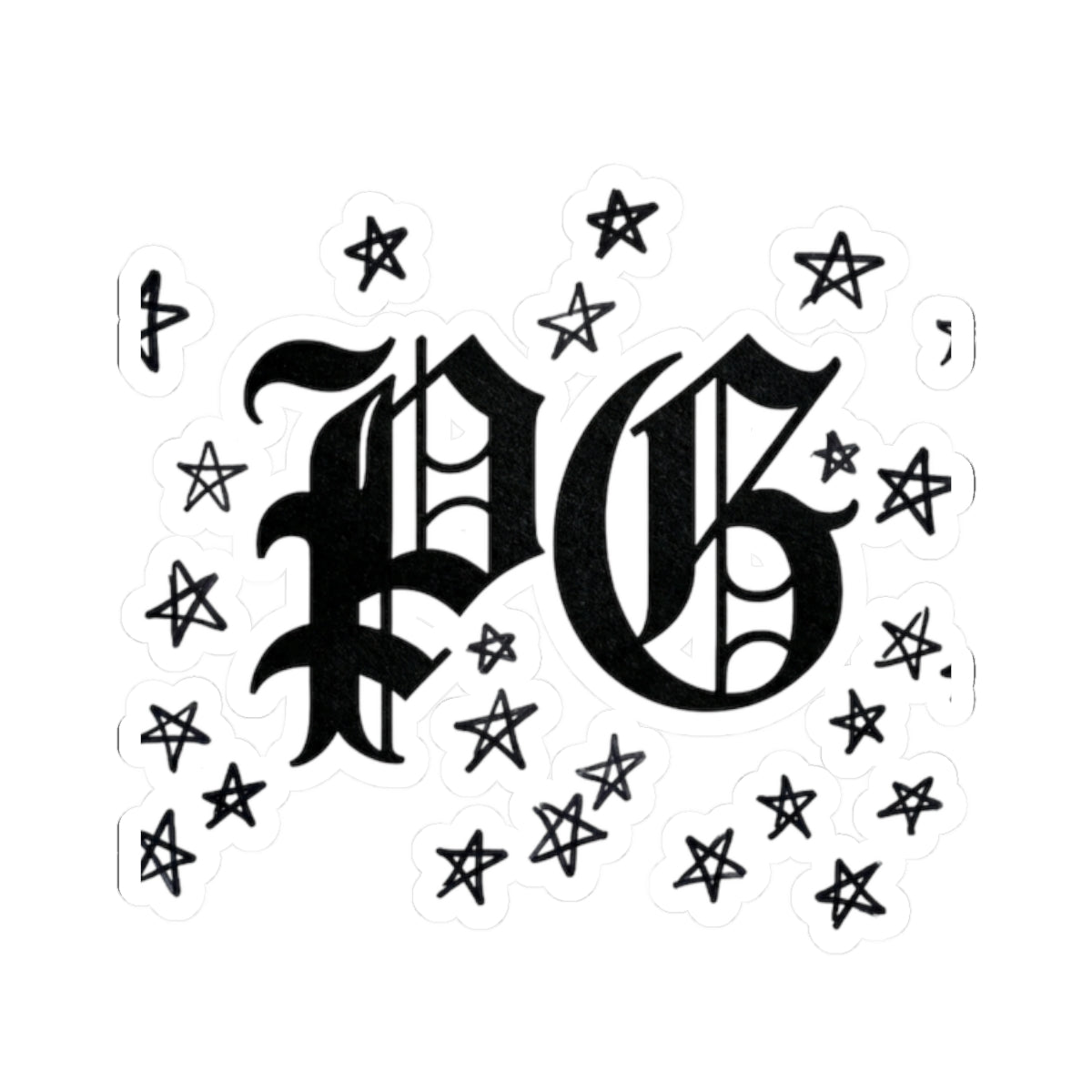 PG Gothic Monogram Sticker — Kiss-Cut Star Scatter Laptop Decal