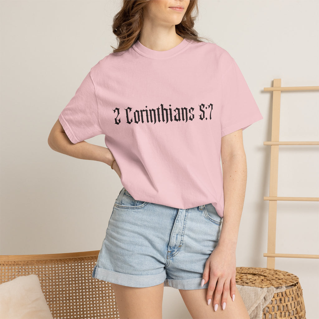 2 Corinthians 5:7 T‑Shirt — Faith Typography Tee with Walking Figure Back