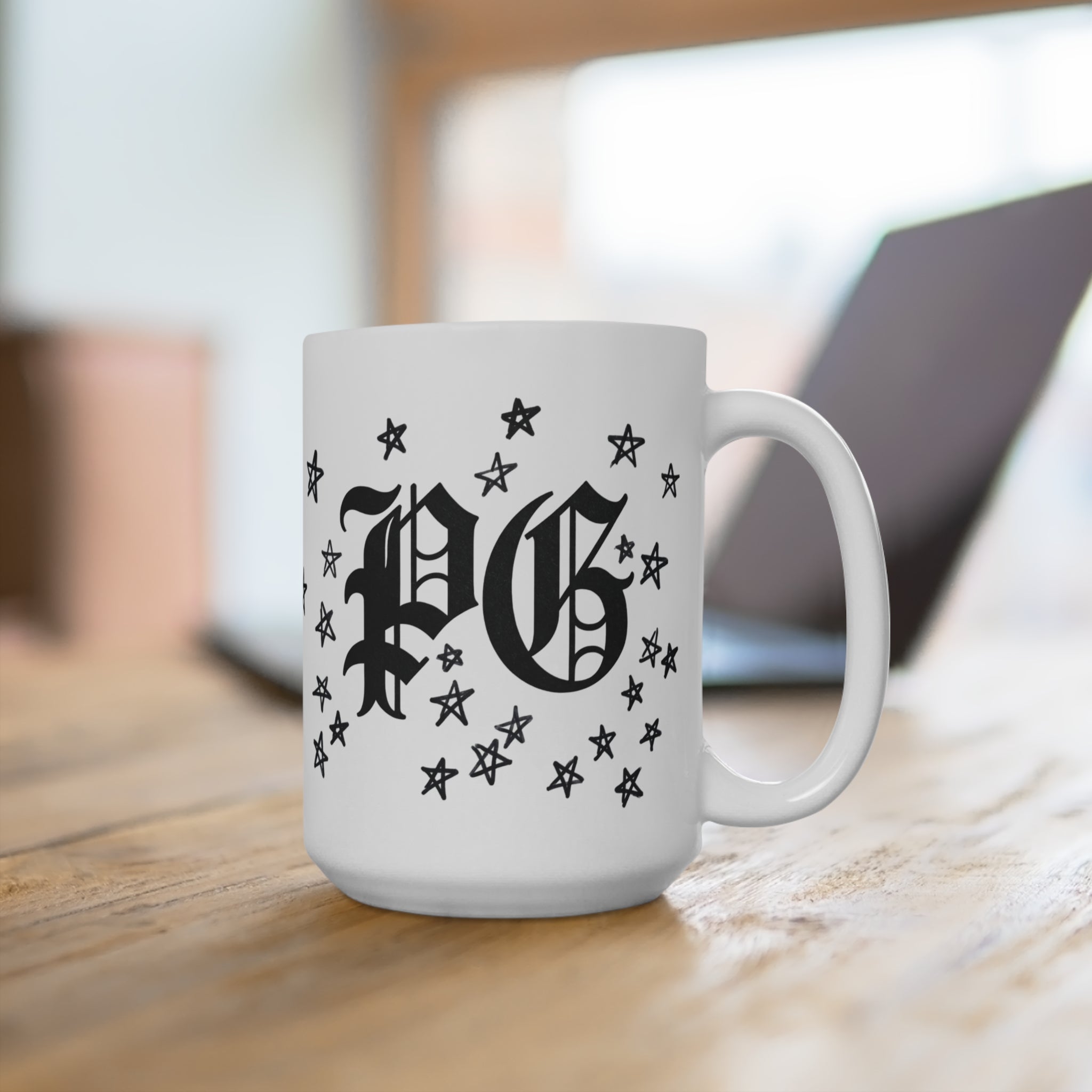 15oz Ceramic Mug — Gothic "PG" Monogram with Star Halo