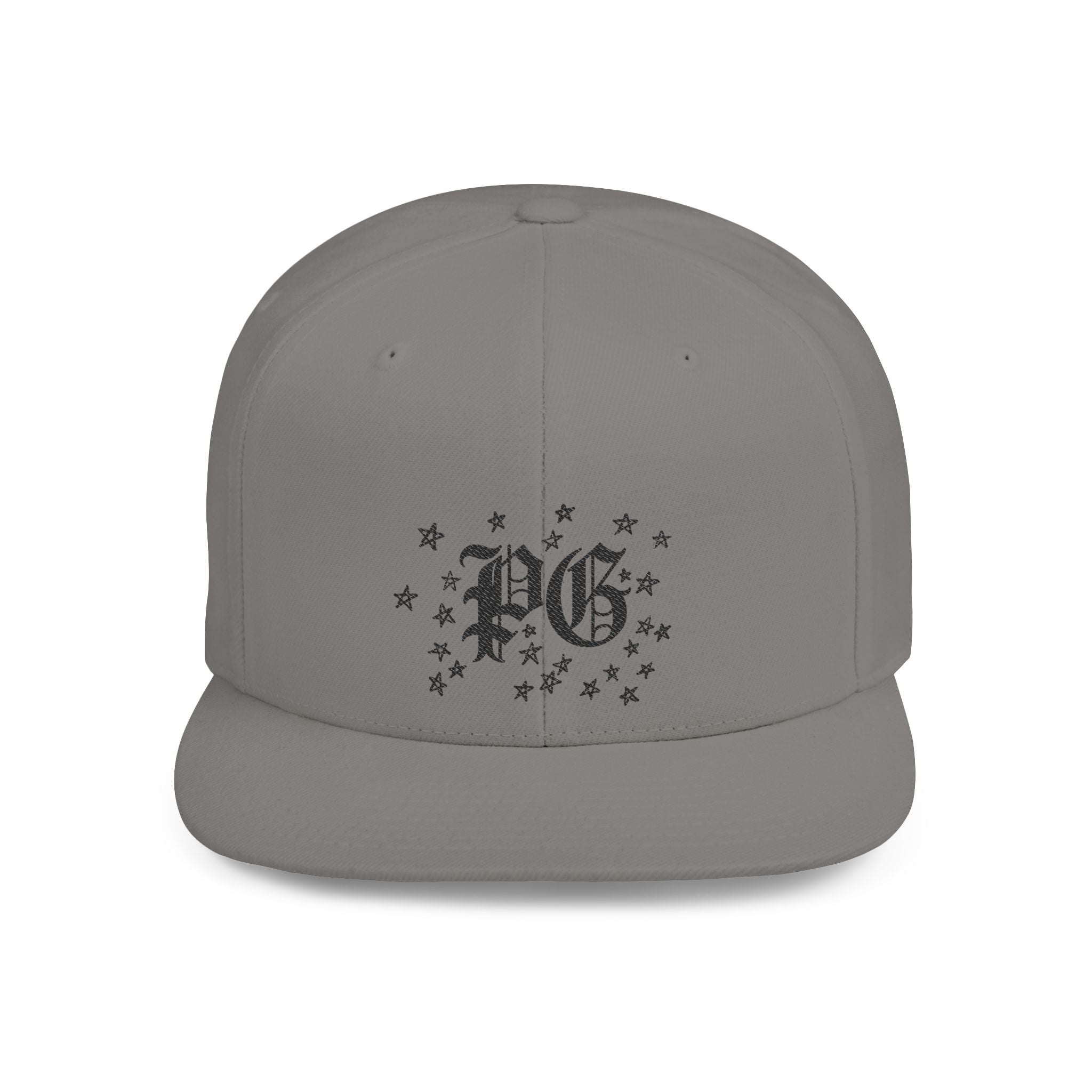 Flat Bill Snapback Hat — Gothic "PG" Monogram with Star Cluster