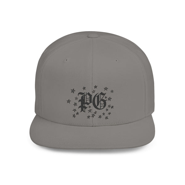 Flat Bill Snapback Hat — Gothic "PG" Monogram with Star Cluster