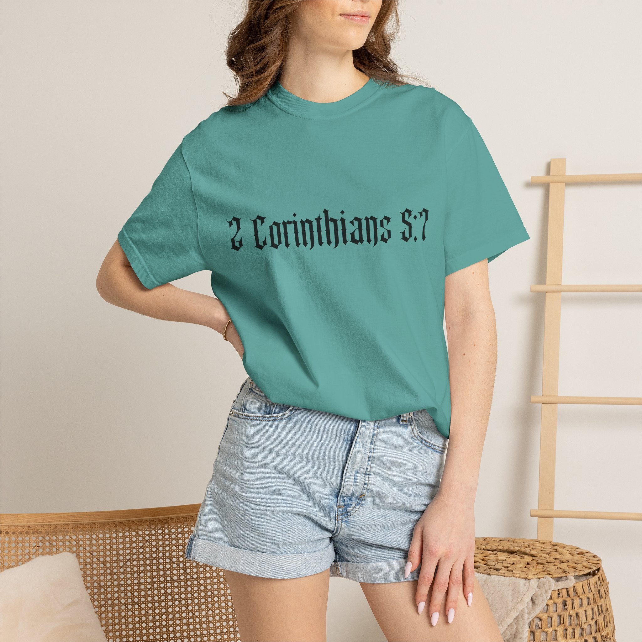 2 Corinthians 5:7 T‑Shirt — Faith Typography Tee with Walking Figure Back