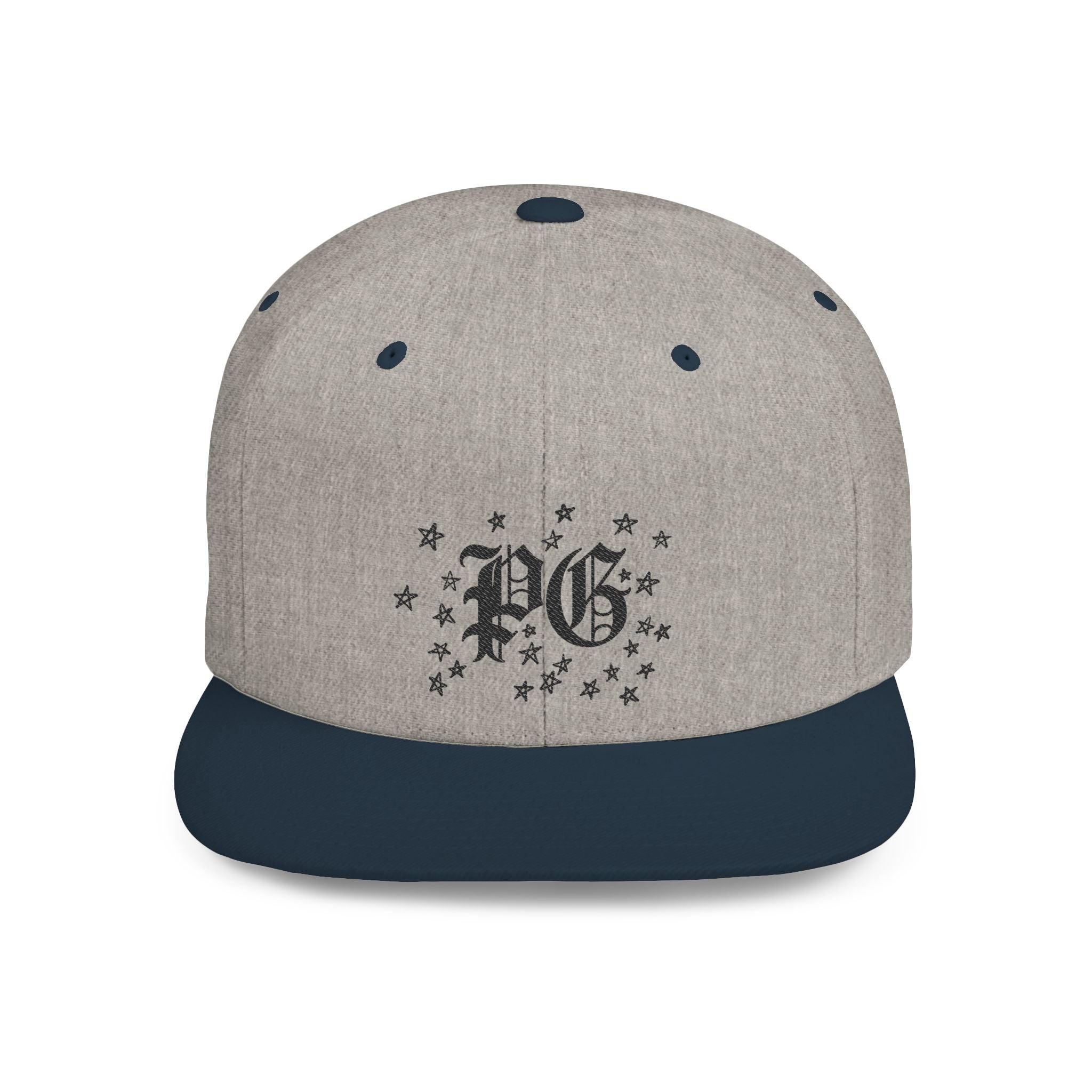 Flat Bill Snapback Hat — Gothic "PG" Monogram with Star Cluster