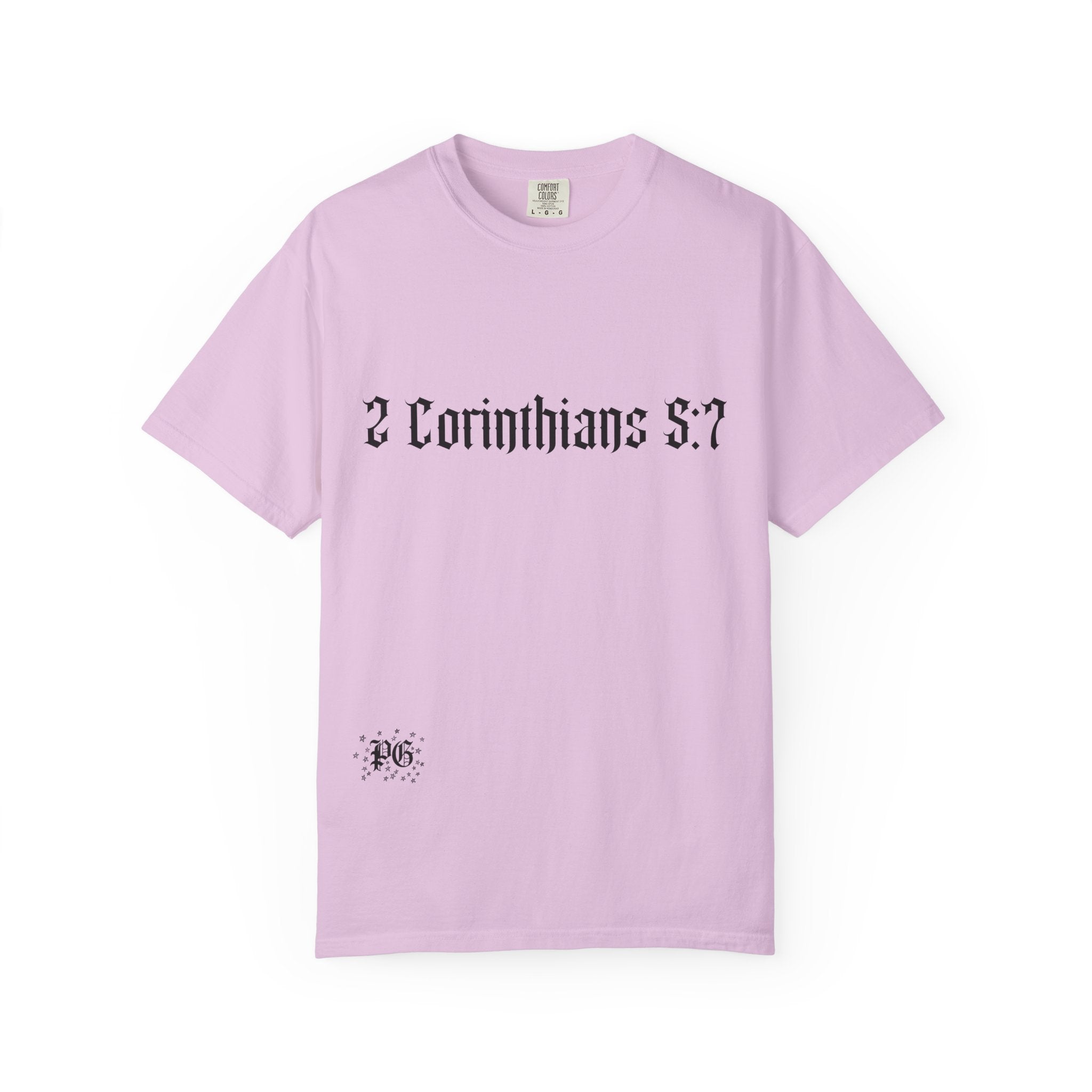 2 Corinthians 5:7 T‑Shirt — Faith Typography Tee with Walking Figure Back