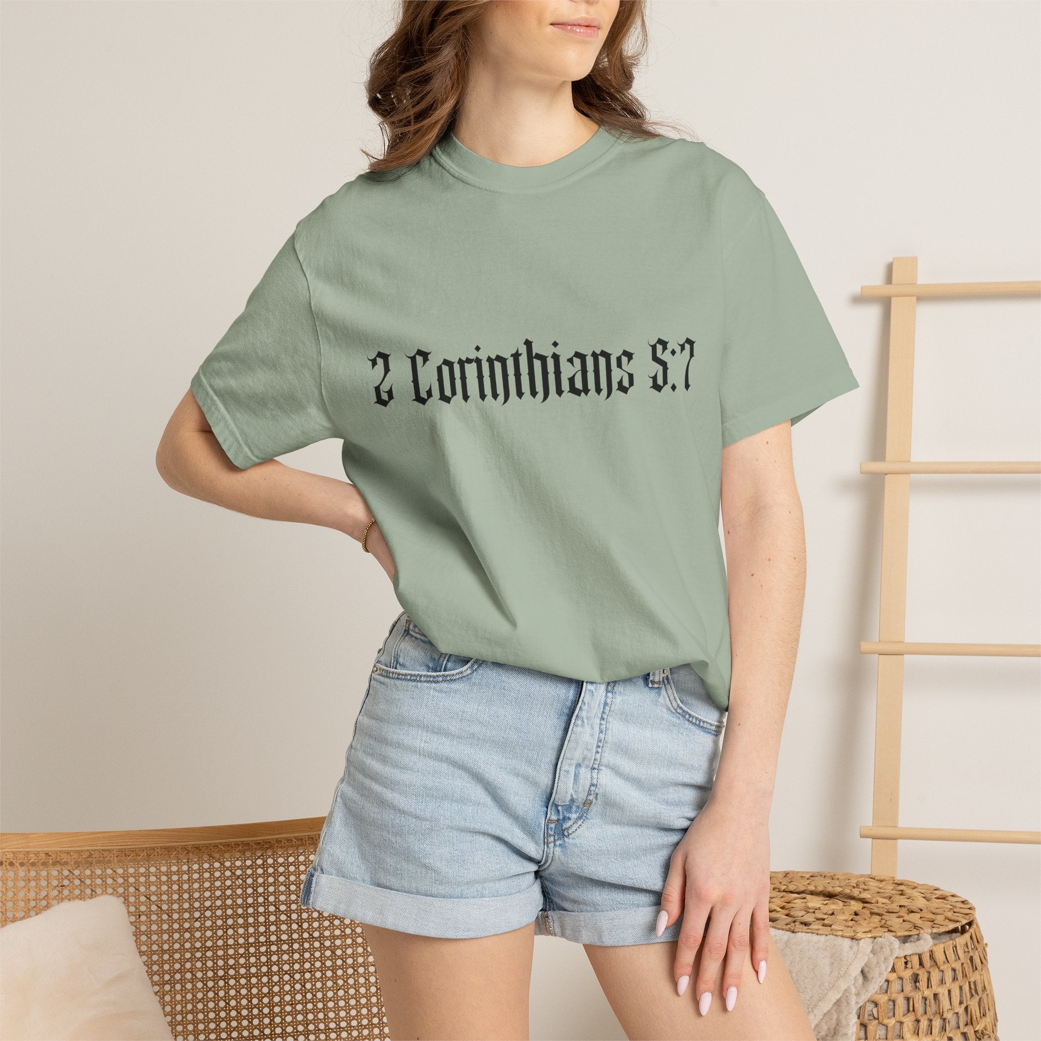 2 Corinthians 5:7 T‑Shirt — Faith Typography Tee with Walking Figure Back