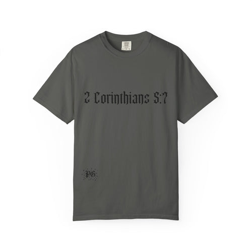 2 Corinthians 5:7 T‑Shirt — Faith Typography Tee with Walking Figure Back