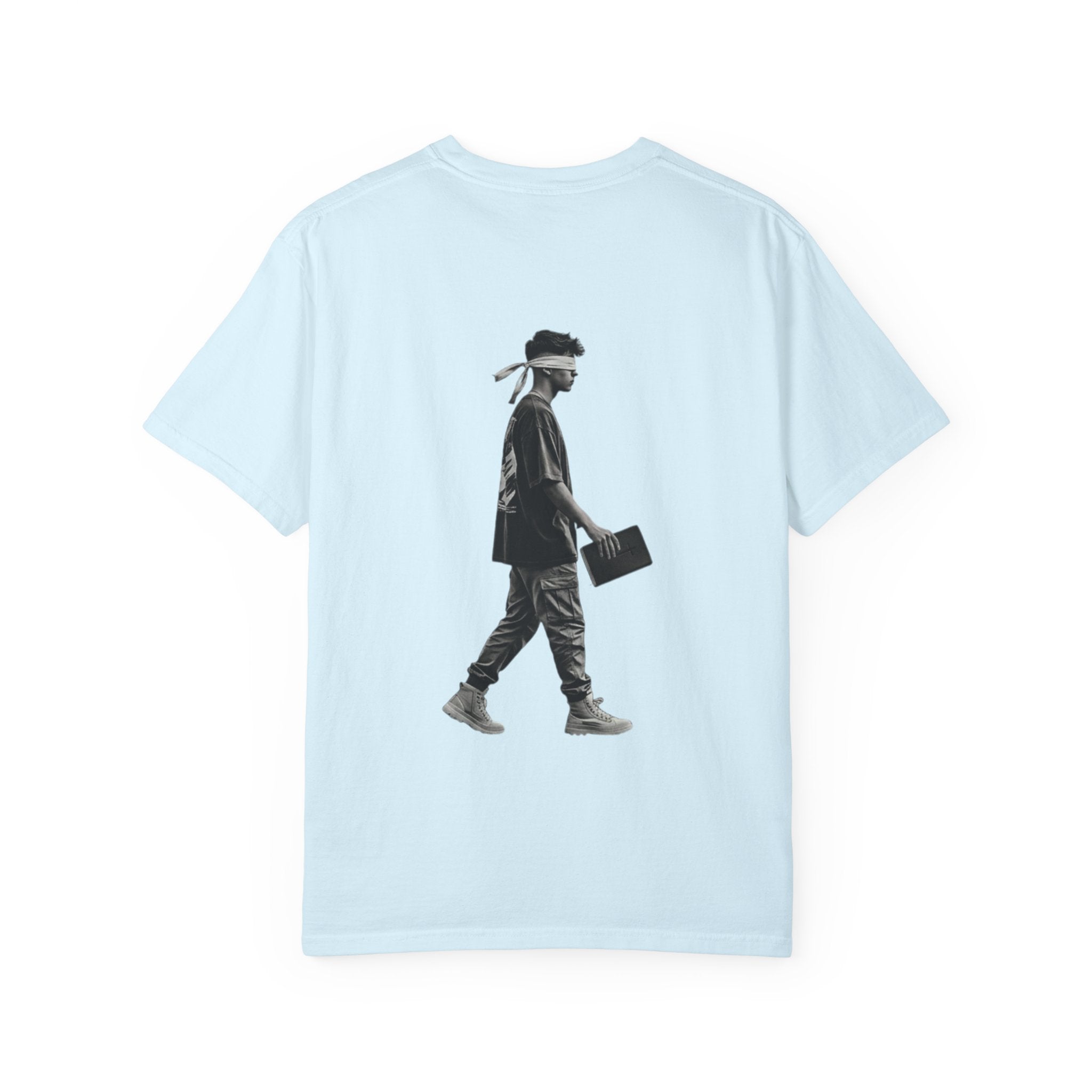 2 Corinthians 5:7 T‑Shirt — Faith Typography Tee with Walking Figure Back