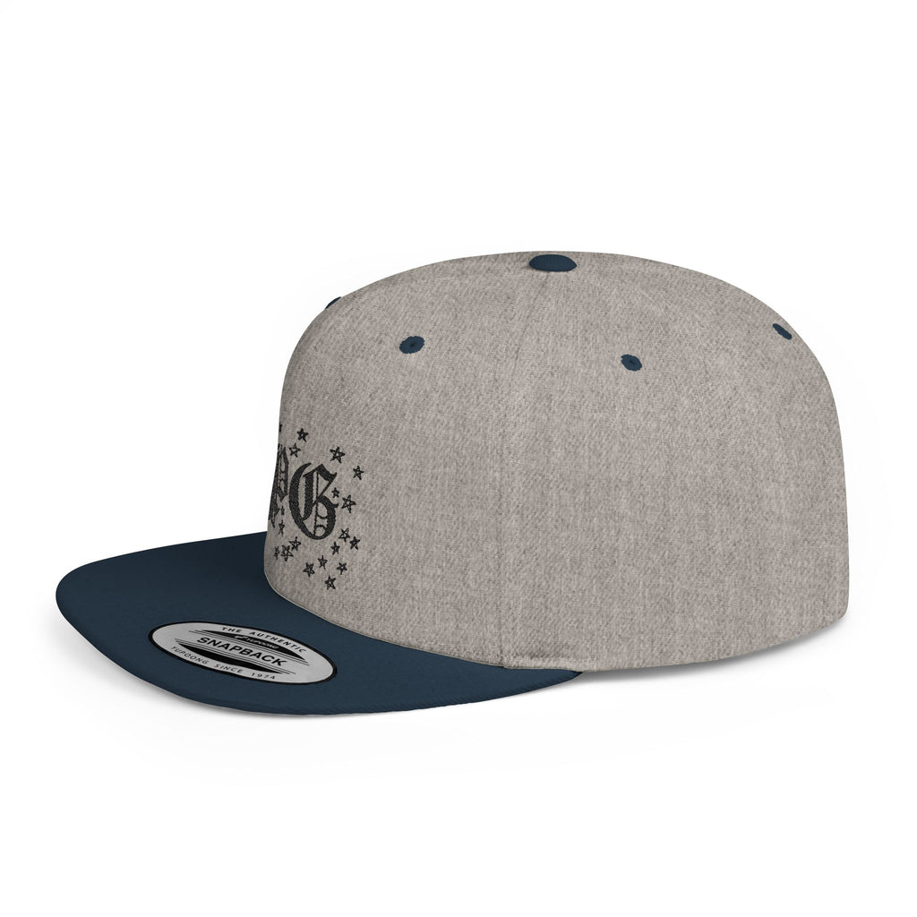 Flat Bill Snapback Hat — Gothic "PG" Monogram with Star Cluster