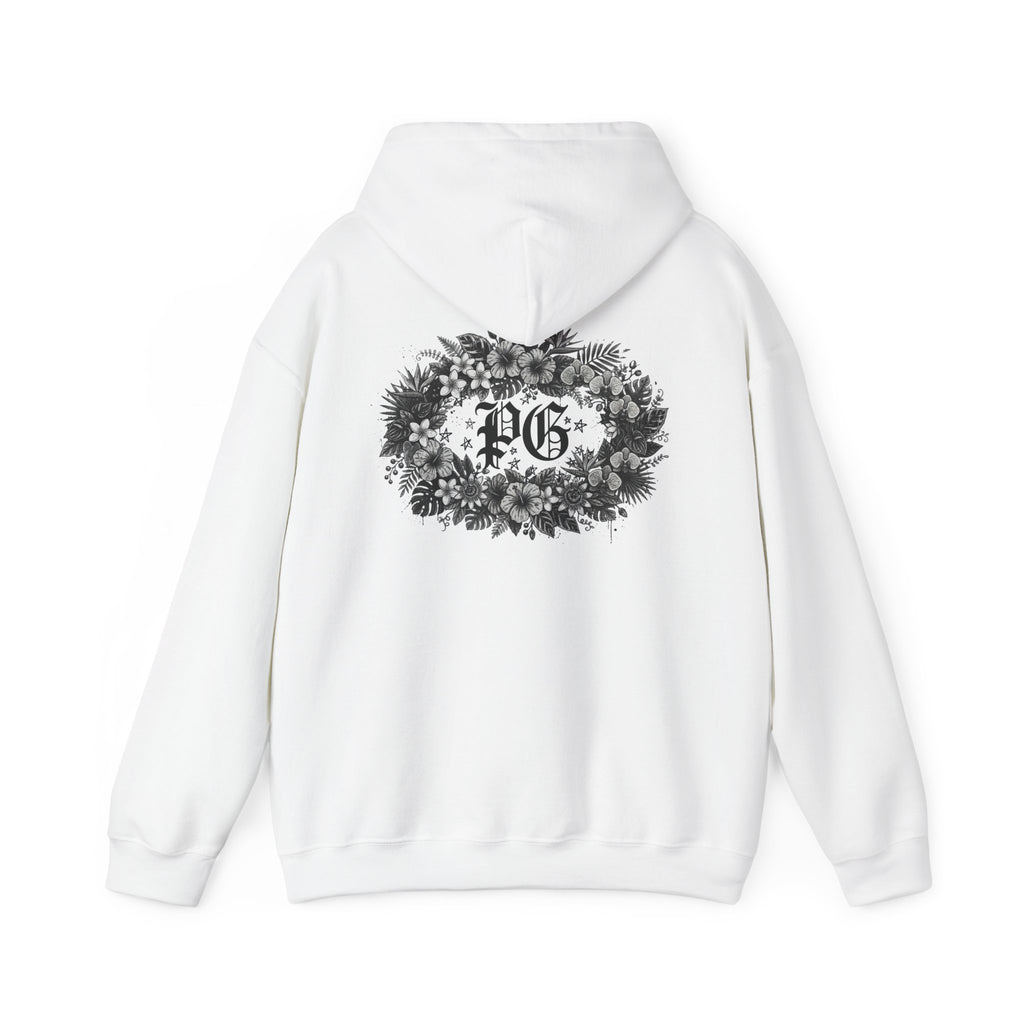 Floral Monogram Hoodie — 'PG' Gothic Letter Garden Back Print