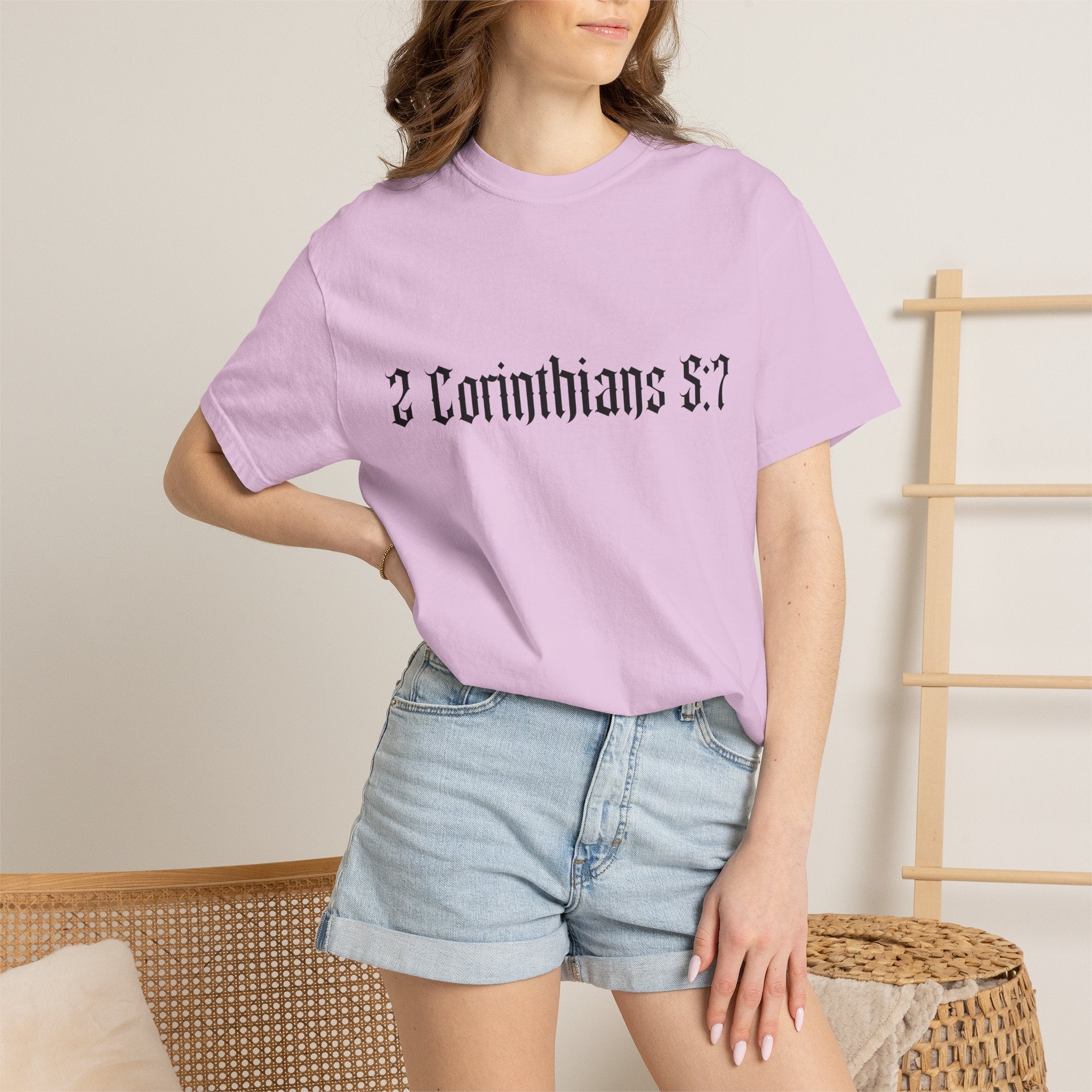 2 Corinthians 5:7 T‑Shirt — Faith Typography Tee with Walking Figure Back