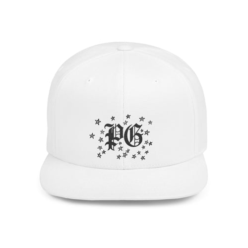 Flat Bill Snapback Hat — Gothic "PG" Monogram with Star Cluster