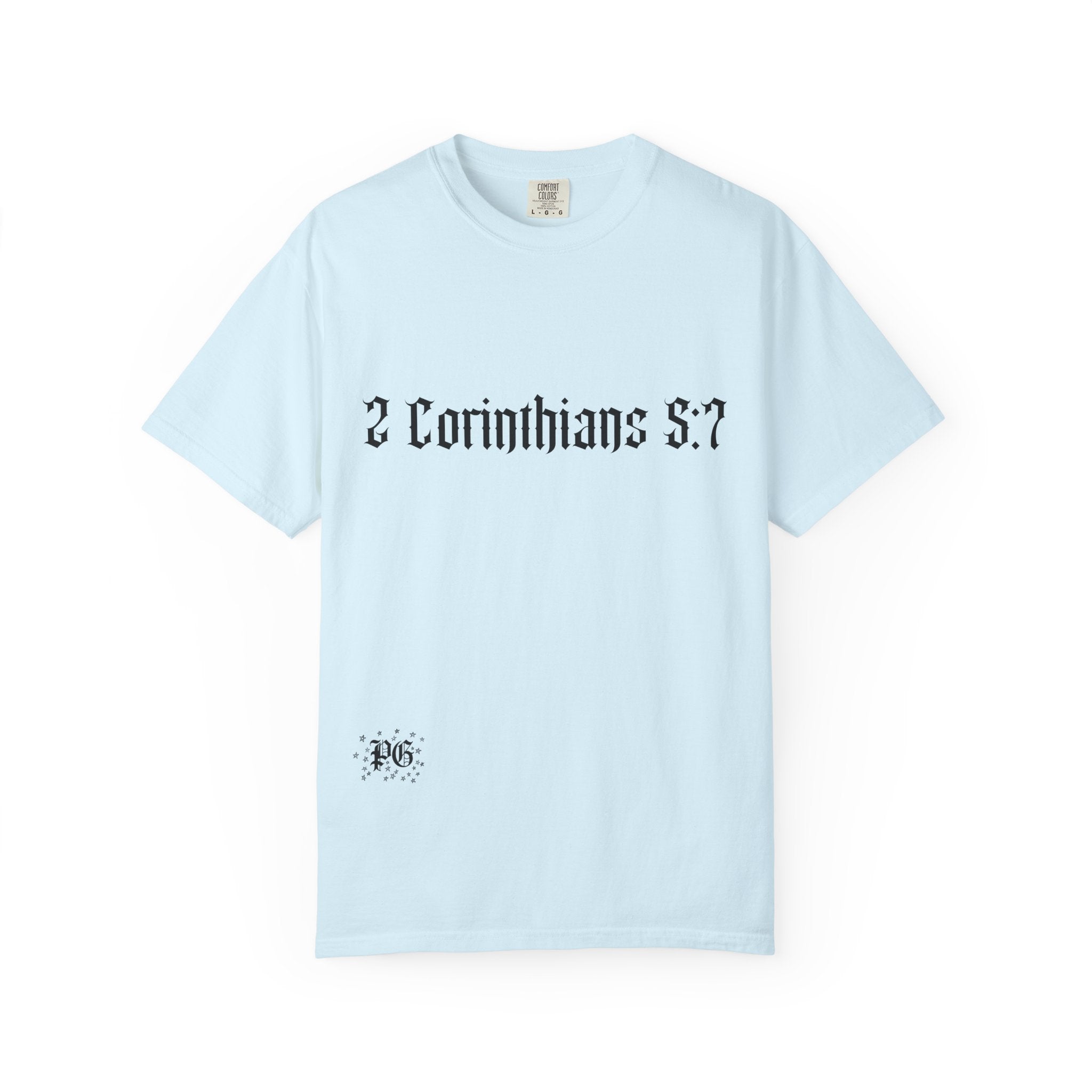 2 Corinthians 5:7 T‑Shirt — Faith Typography Tee with Walking Figure Back
