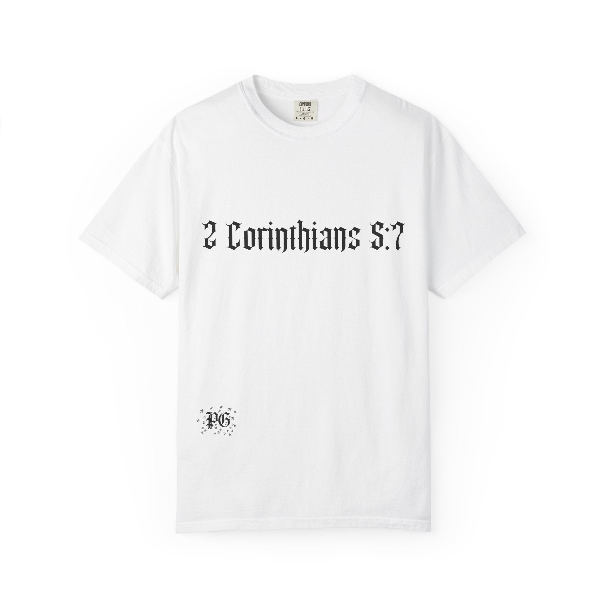 2 Corinthians 5:7 T‑Shirt — Faith Typography Tee with Walking Figure Back