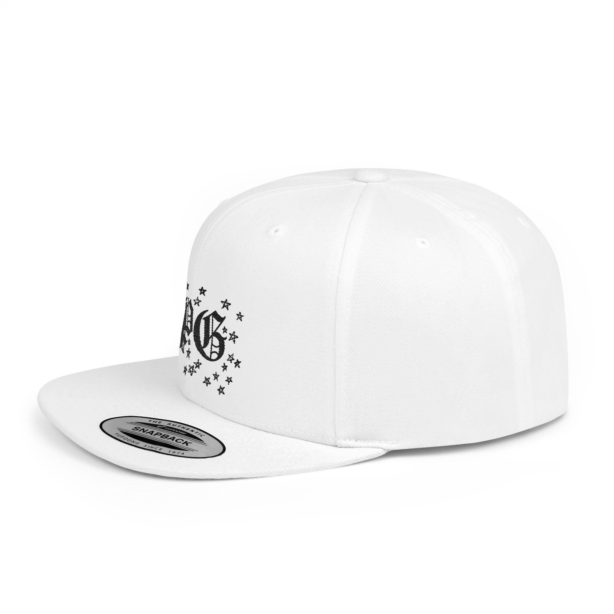 Flat Bill Snapback Hat — Gothic "PG" Monogram with Star Cluster