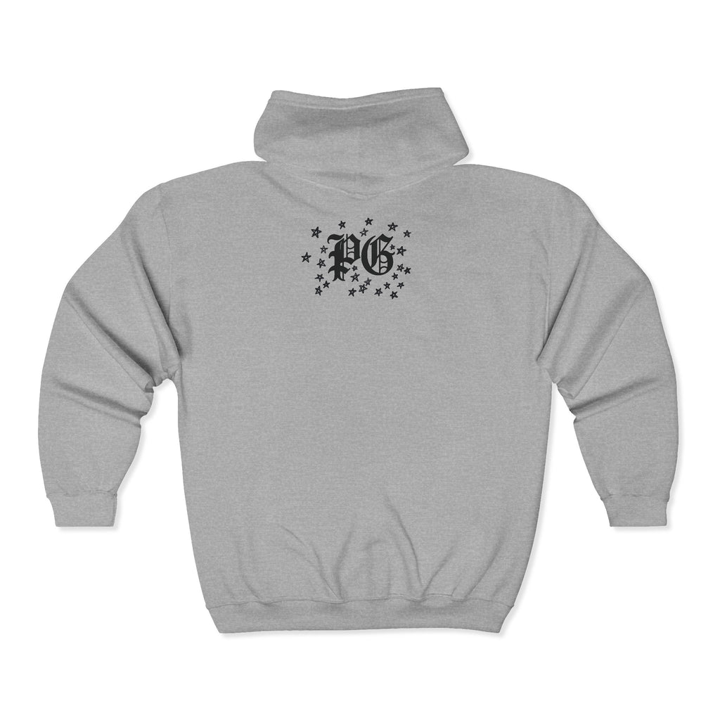 Floral Gothic Zip Hoodie — Monochrome Plumeria & Star Back Print