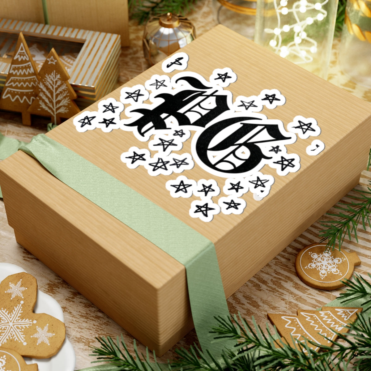PG Gothic Monogram Sticker — Kiss-Cut Star Scatter Laptop Decal