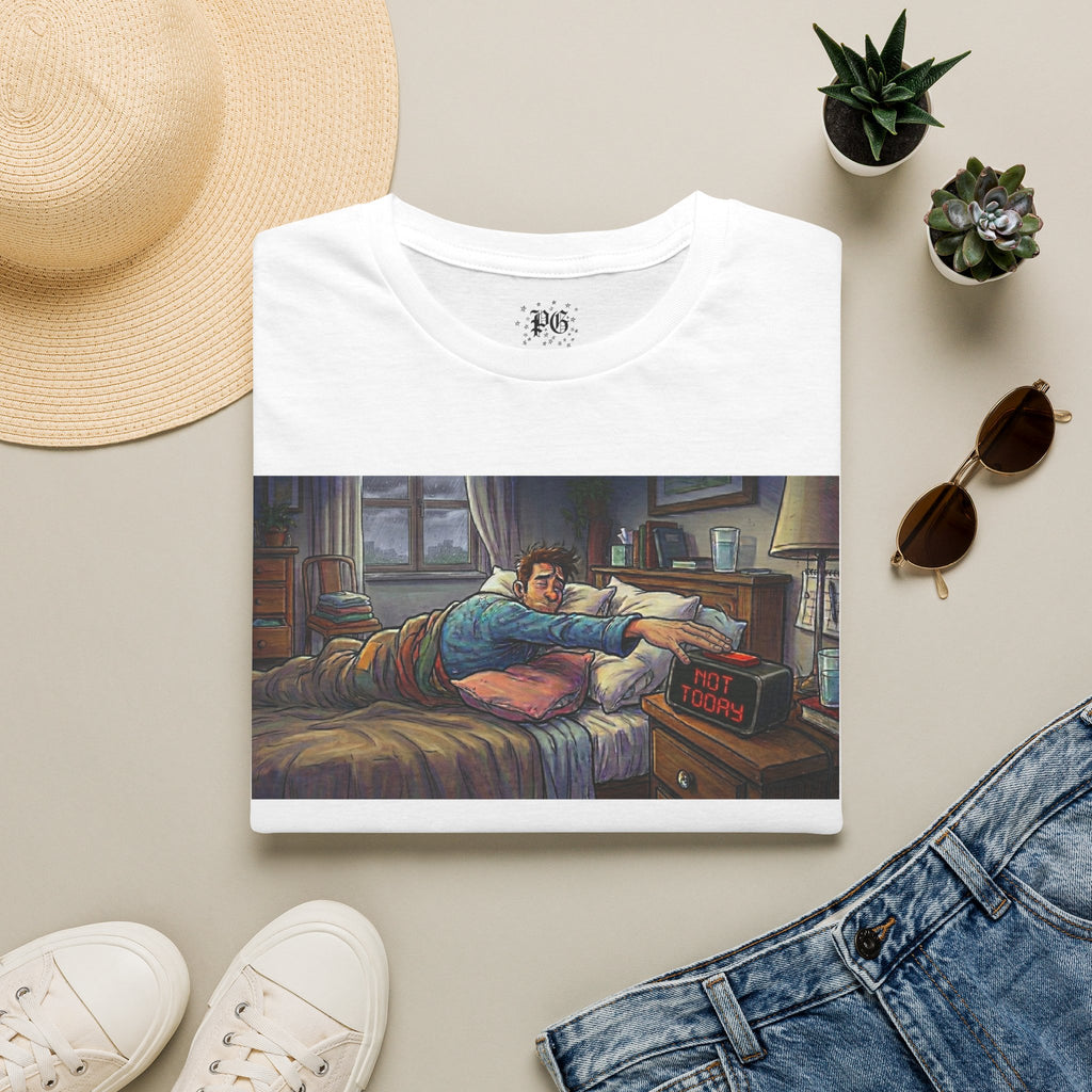 T-Shirt — 'Snooze Alarm' Cozy Morning Illustration Tee