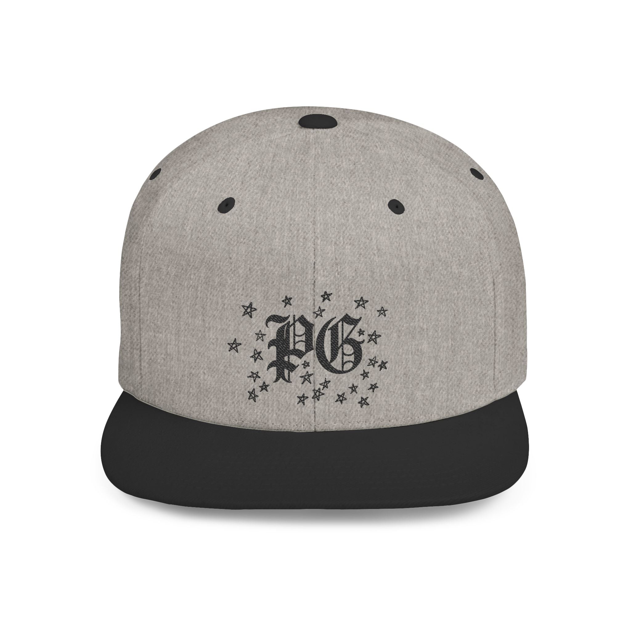 Flat Bill Snapback Hat — Gothic "PG" Monogram with Star Cluster