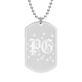 Stamped Initials Dog Tag Necklace — Gothic “PG” Design on Silver Chain