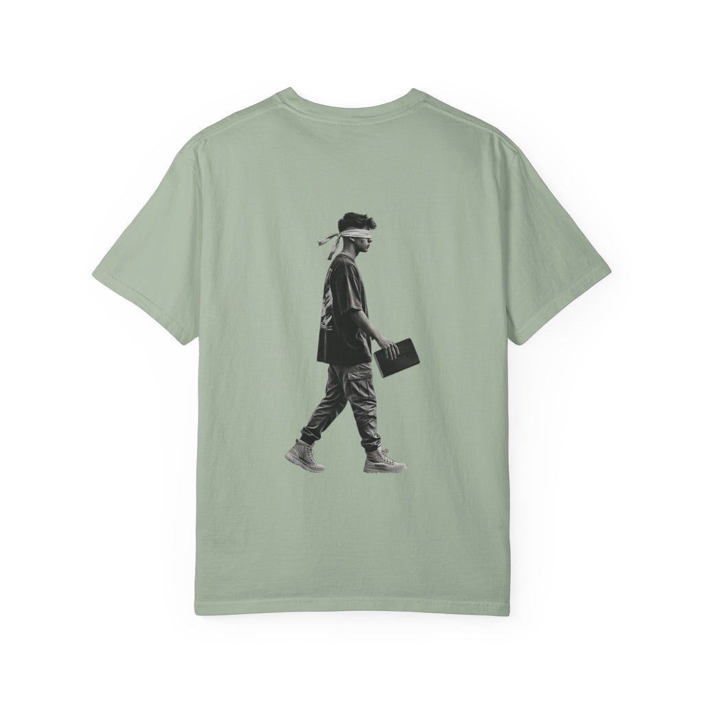 2 Corinthians 5:7 T‑Shirt — Faith Typography Tee with Walking Figure Back
