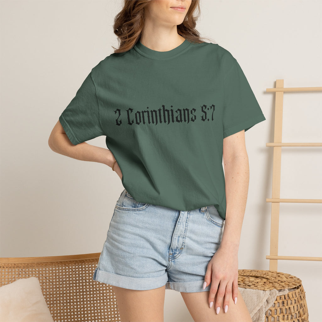 2 Corinthians 5:7 T‑Shirt — Faith Typography Tee with Walking Figure Back