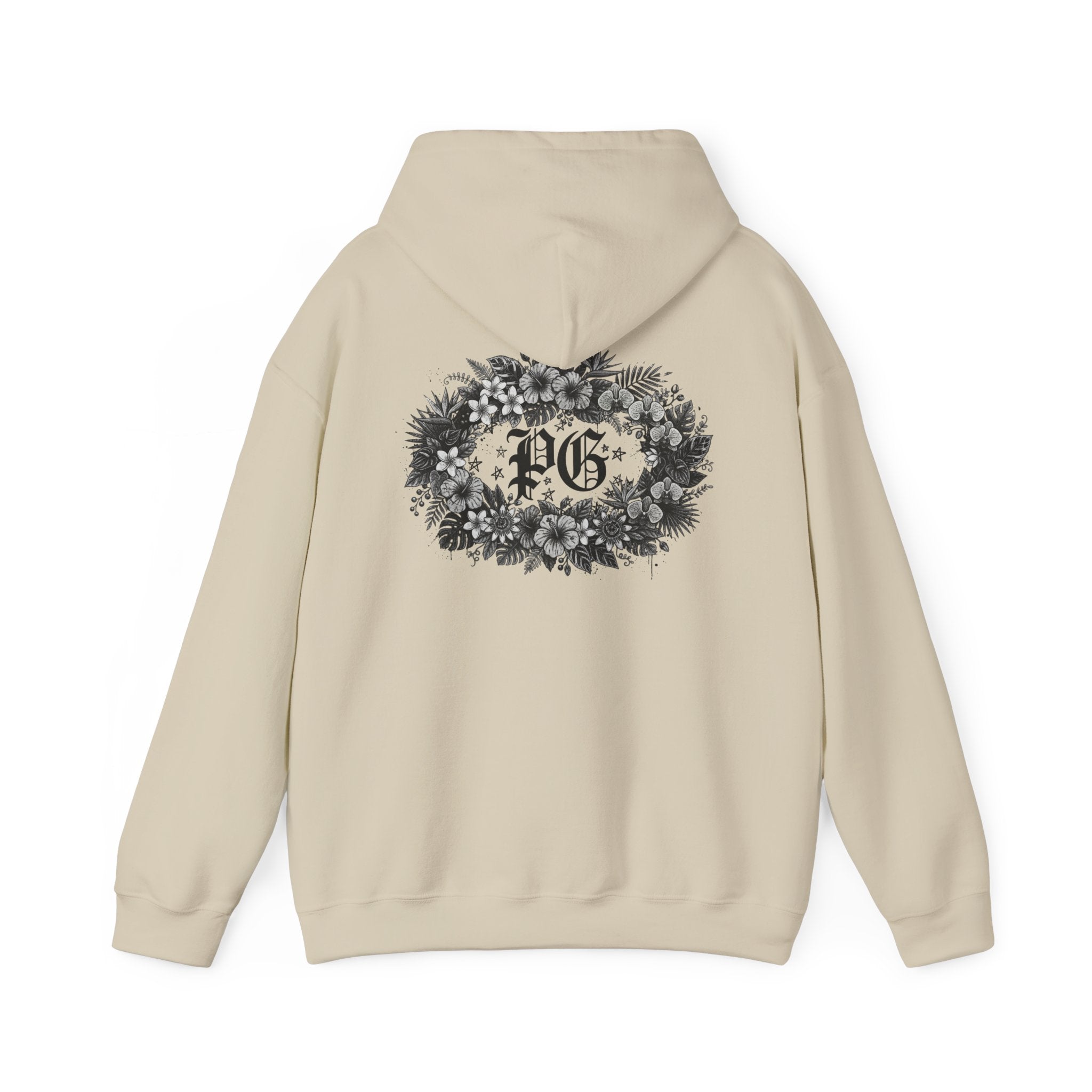 Floral Monogram Hoodie — 'PG' Gothic Letter Garden Back Print