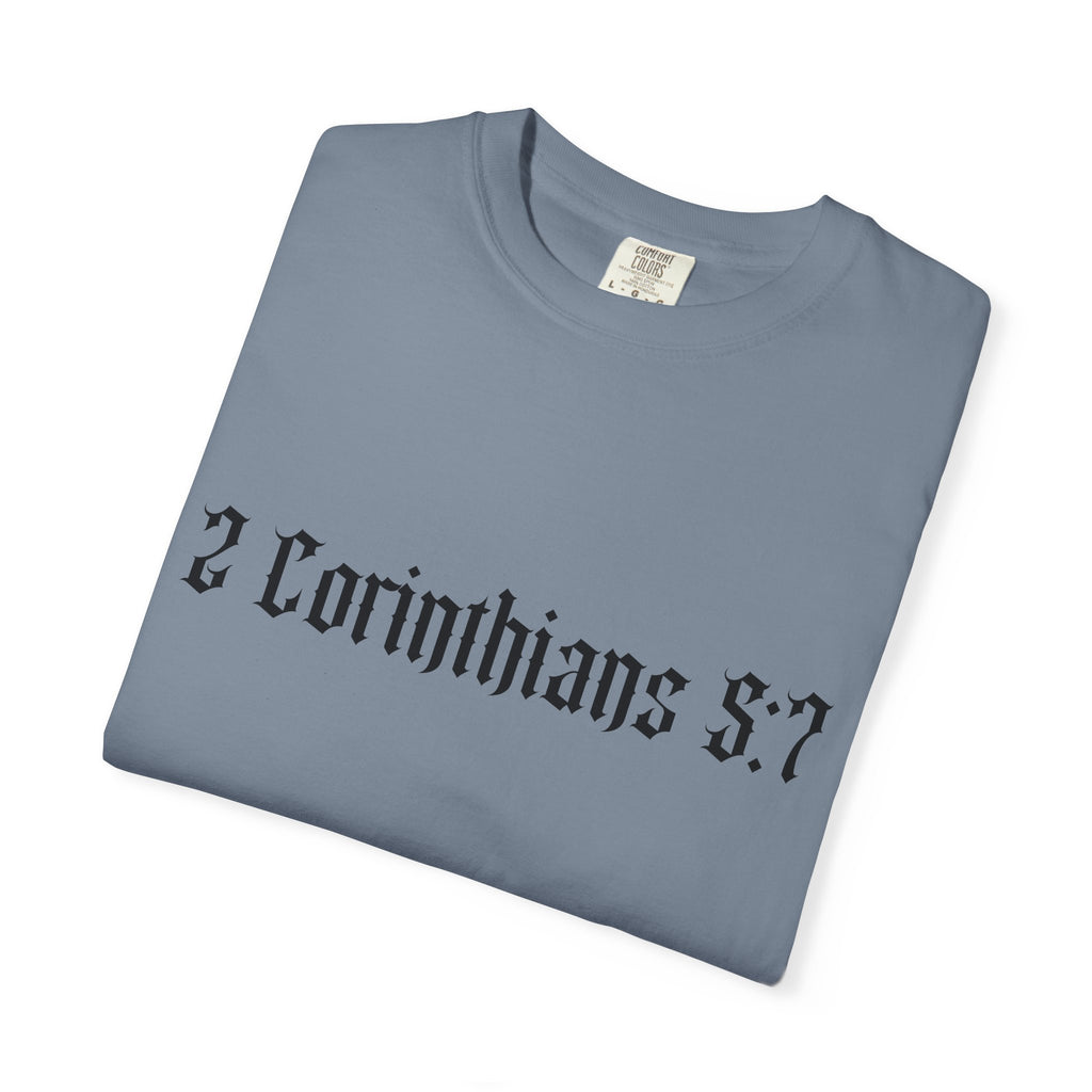 2 Corinthians 5:7 T‑Shirt — Faith Typography Tee with Walking Figure Back