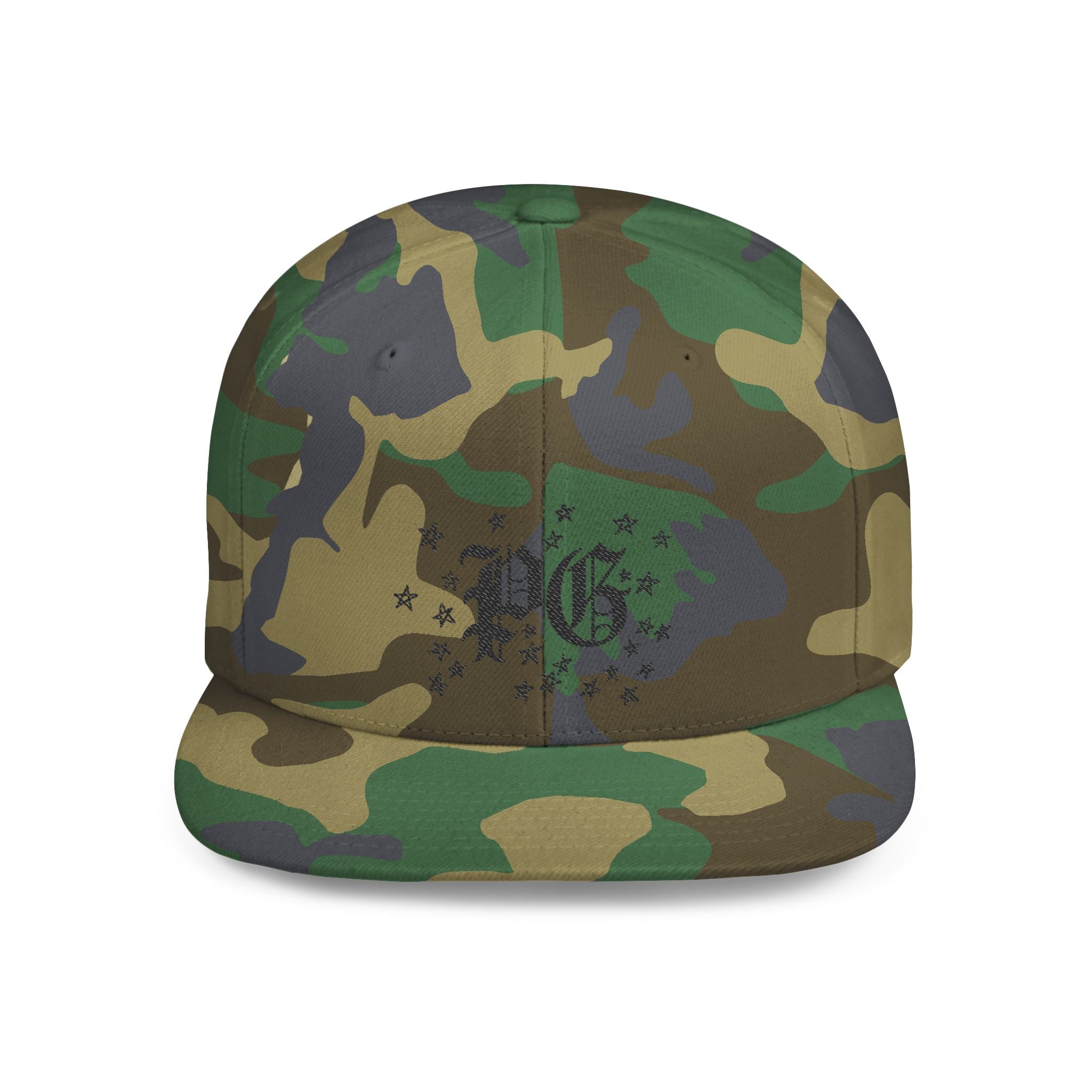 Flat Bill Snapback Hat — Gothic "PG" Monogram with Star Cluster