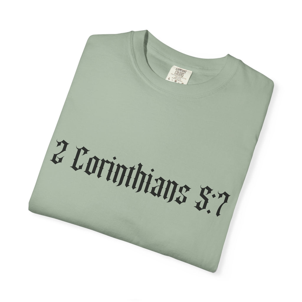 2 Corinthians 5:7 T‑Shirt — Faith Typography Tee with Walking Figure Back