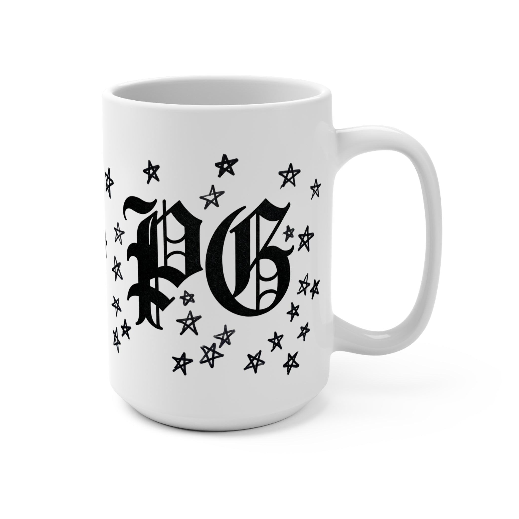 15oz Ceramic Mug — Gothic "PG" Monogram with Star Halo