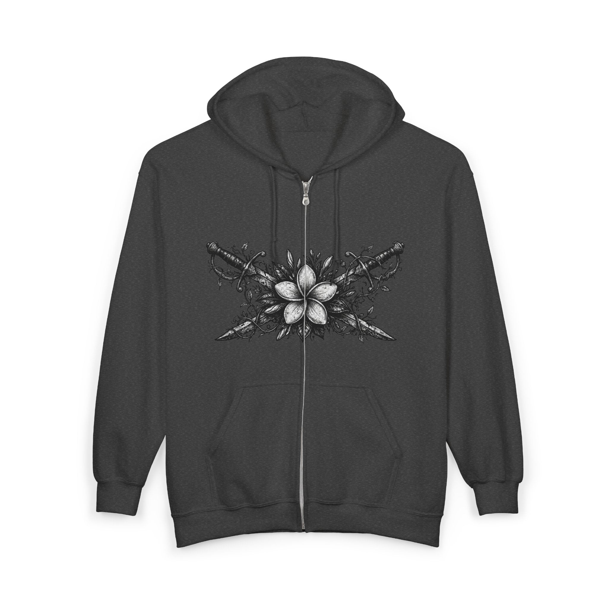 Floral Gothic Zip Hoodie — Monochrome Plumeria & Star Back Print